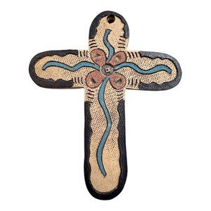 Vintage Handmade Ceramic Cross Wall Hanging Flower Southwest Blue & Brown Accent